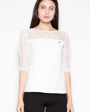 Bluza dama,  bej, maneci 3/4, top transparent cu puncte, poliester