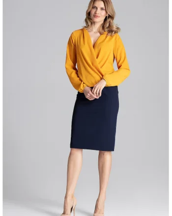 Bluza dama eleganta,  Maneca lunga, Poliester/Elastan, Galben mustar