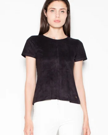 Bluza dama,  neagra, cu maneci scurte din piele intoarsa, fermoar decorativ auriu