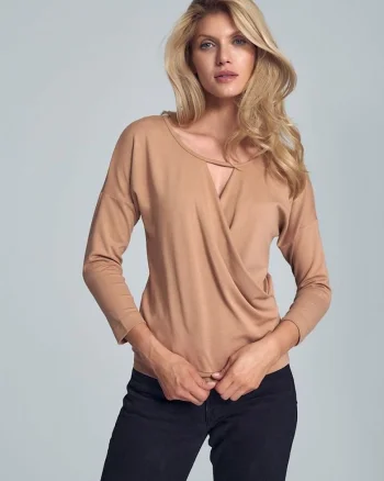 Bluza dama  decolteu plic, maneci 3/4, bej, elastan/poliester/viscoza