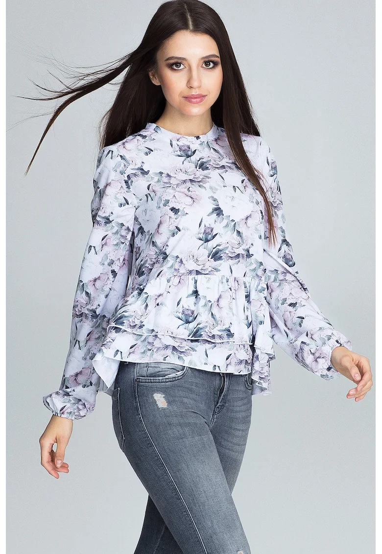 Bluza femei,  Poliester/Elastan, Cu volane, Model cu flori, Multicolor