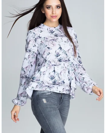 Bluza femei,  Poliester/Elastan, Cu volane, Model cu flori, Multicolor