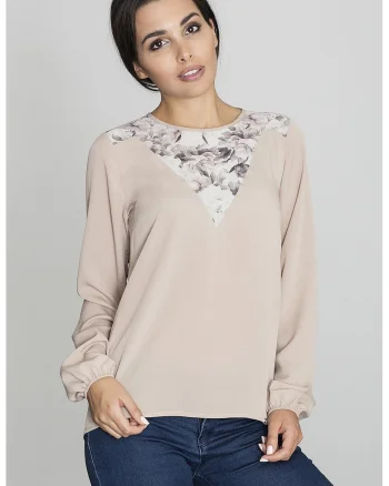 Bluza dama,  Decolteu floral, Polister/Viscoza/Elastan, Crem