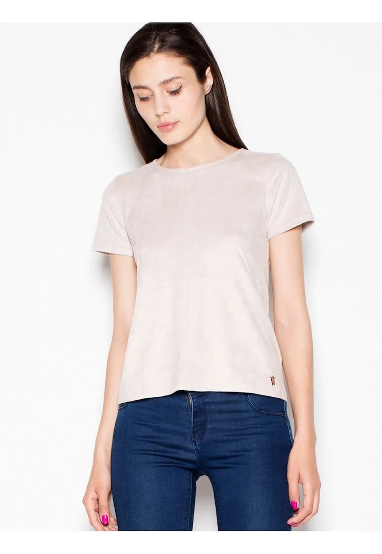 Bluza dama  bej, maneci scurte din piele intoarsa, decolteu semicircular, fermoar decorativ auriu