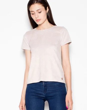 Bluza dama  bej, maneci scurte din piele intoarsa, decolteu semicircular, fermoar decorativ auriu