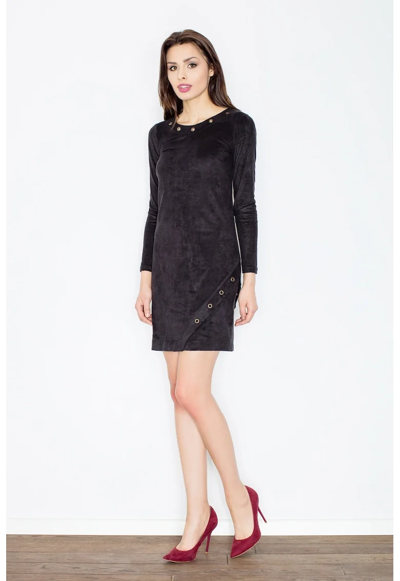 Rochie  eleganta, din piele intoarsa, neagra, cu maneca lunga
