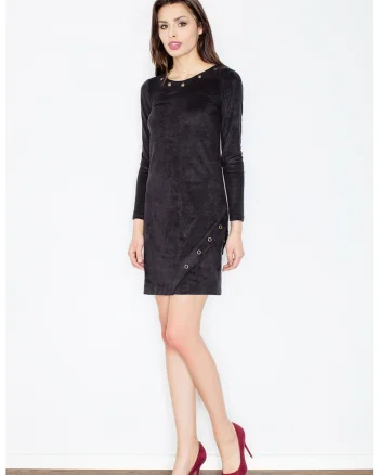 Rochie  eleganta, din piele intoarsa, neagra, cu maneca lunga