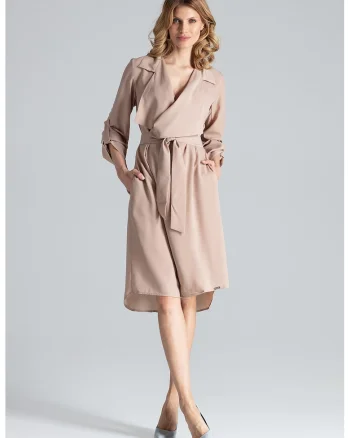 Rochie  M464, maneci lungi, bej, poliester, eleganta