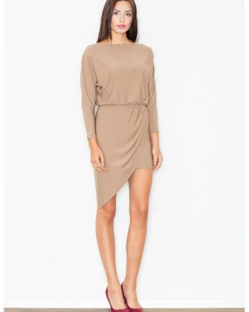 Rochie  asimetrica, bej, cu maneci lungi, poliester, eleganta, versatila