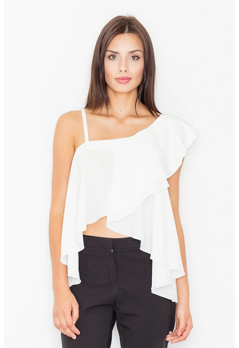 Bluza dama,  Poliester/Elastan/Viscoza, Cu volane, Alb