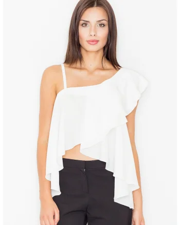 Bluza dama,  Poliester/Elastan/Viscoza, Cu volane, Alb