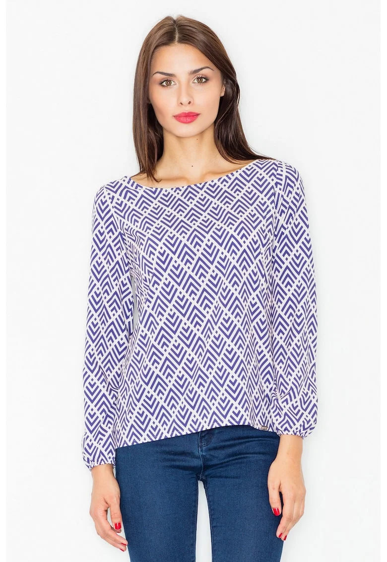 Bluza dama,  Poliester/Elastan, Model geometric, Alb/Albastru,