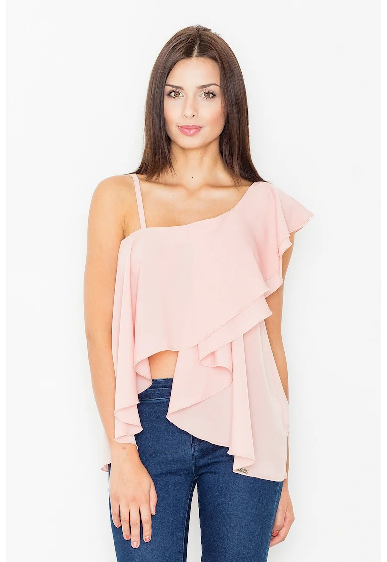 Bluza dama,  Poliester/Elastan/Viscoza, Cu volane, Roz
