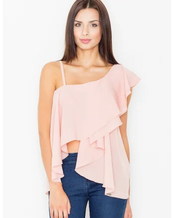 Bluza dama,  Poliester/Elastan/Viscoza, Cu volane, Roz