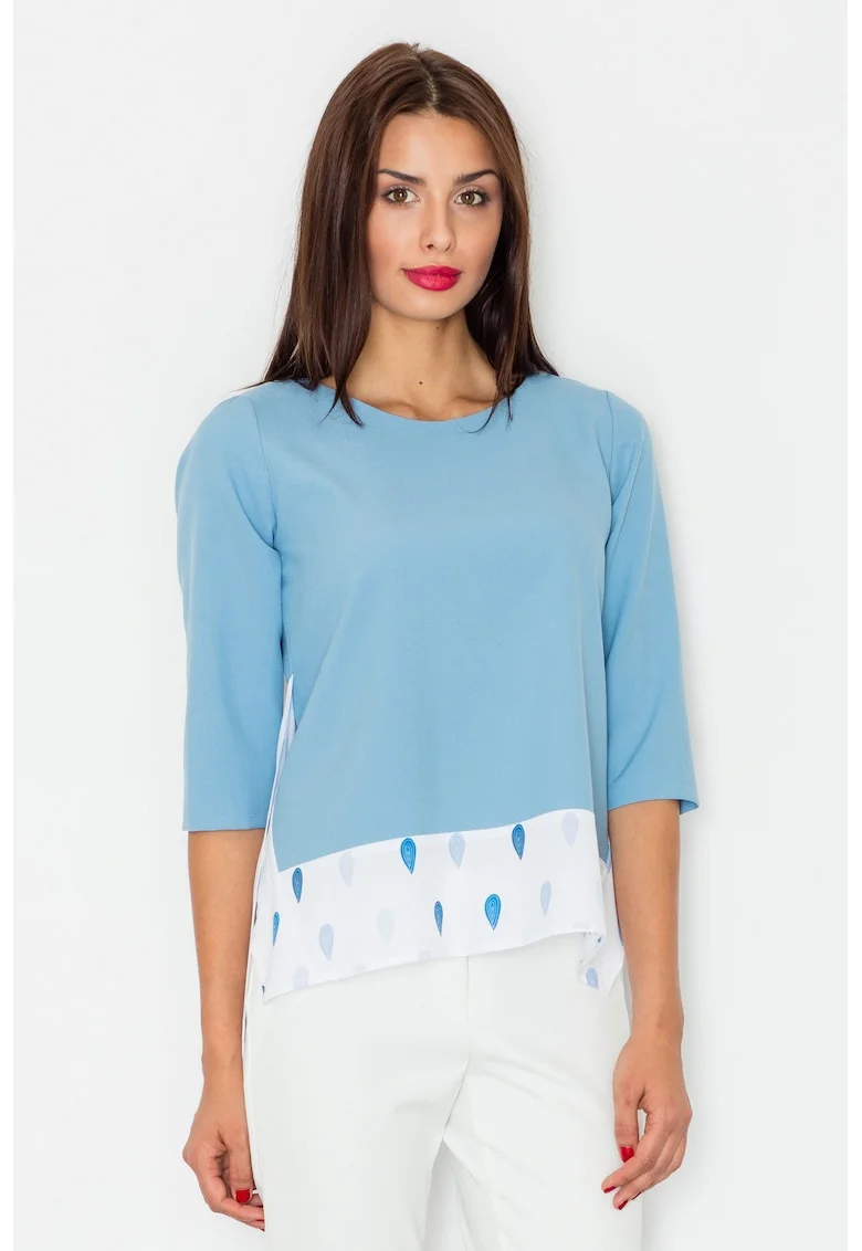 Bluza dama,  Maneci trei sferturi, Poliester, Albastru deschis/Alb