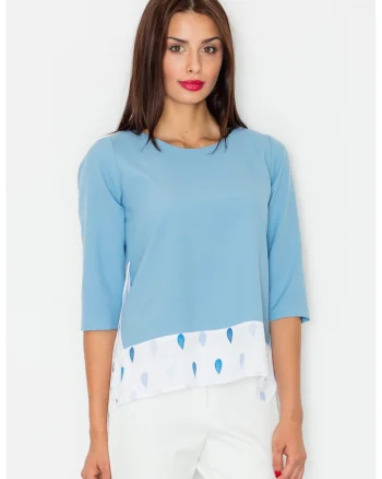 Bluza dama,  Maneci trei sferturi, Poliester, Albastru deschis/Alb