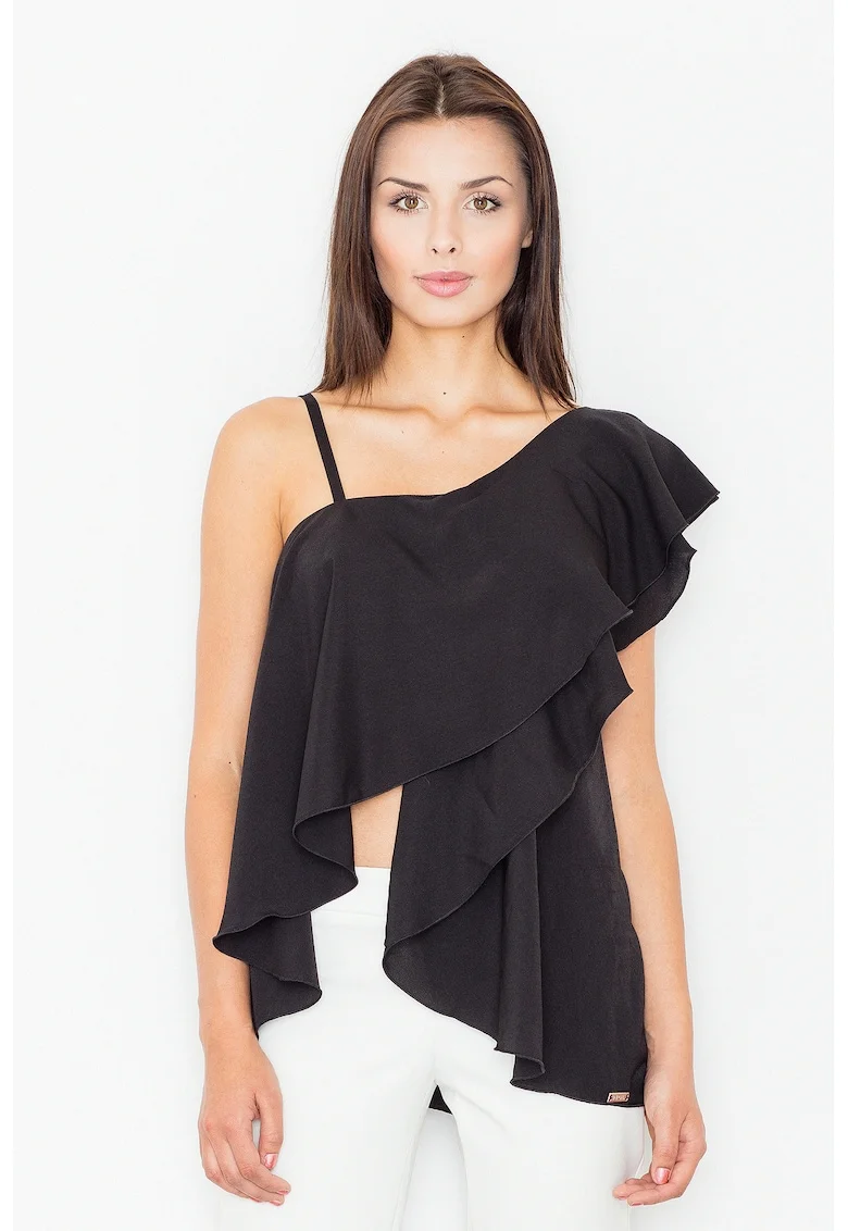Bluza dama,  Poliester/Elastan/Viscoza, Cu volane, Negru