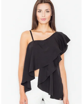 Bluza dama,  Poliester/Elastan/Viscoza, Cu volane, Negru