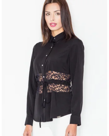 Camasa dama,  Poliester/Viscoza/Elastan, Insertie dantela, Negru,