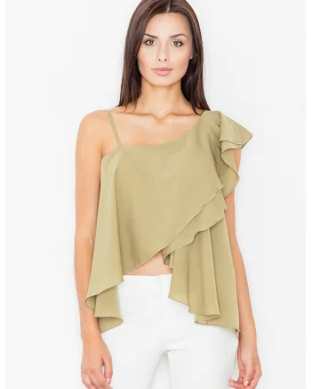 Bluza dama,  Poliester/Elastan/Viscoza, Cu volane, Masliniu