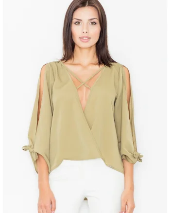 Bluza dama,  Maneci decupate, Poliester/Elastan/Viscoza, Masliniu,