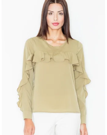 Bluza dama cu volane,  Poliester/Elastan/Viscoza, Masliniu