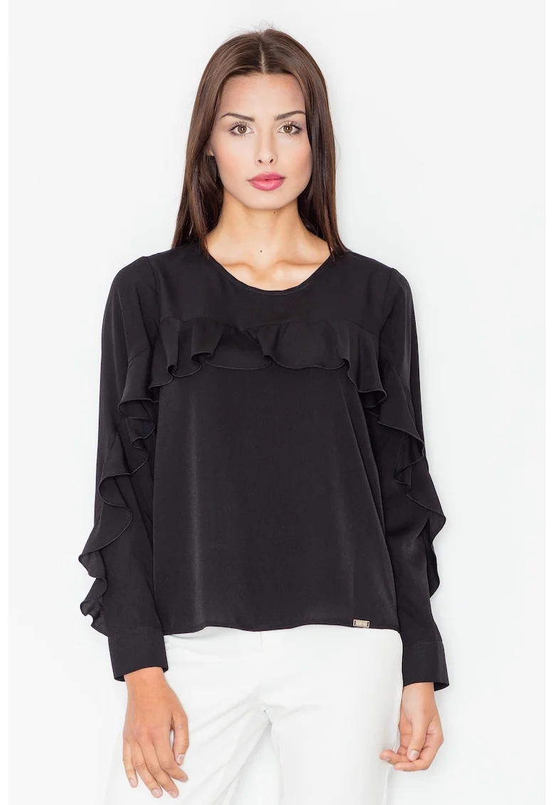Bluza dama cu volane,  Poliester/Elastan/Viscoza, Negru