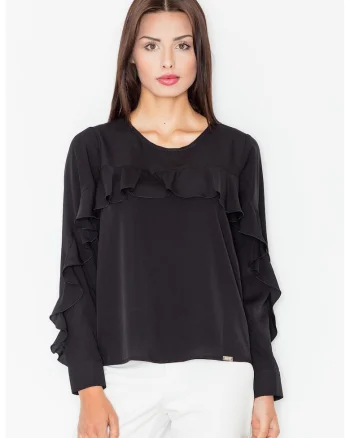 Bluza dama cu volane,  Poliester/Elastan/Viscoza, Negru