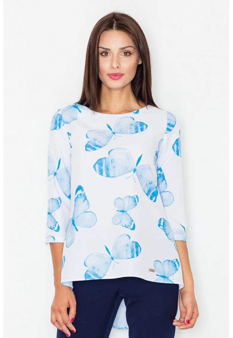Bluza dama Fluturi,  Poliester, Alb/Albastru