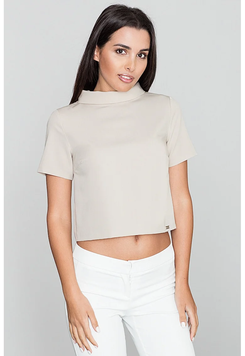 Bluza dama,  Pe gat, Cu maneca scurta, Poliester/Viscoza, Bej,