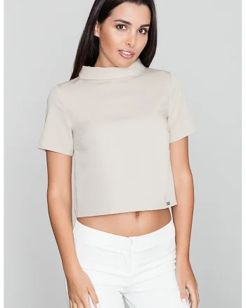 Bluza dama,  Pe gat, Cu maneca scurta, Poliester/Viscoza, Bej,