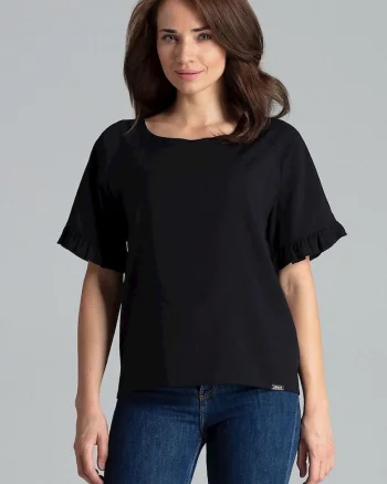 Bluza dama  neagra, maneci scurte, decolteu semicircular, volan delicat, poliester.