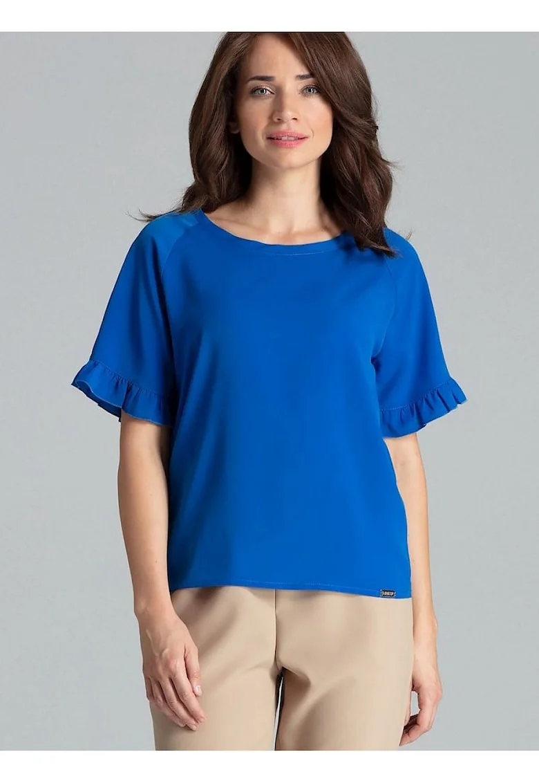Bluza dama,  cu maneci scurte, volan, albastru, poliester