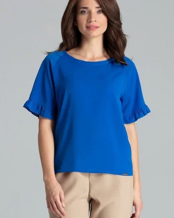 Bluza dama,  cu maneci scurte, volan, albastru, poliester