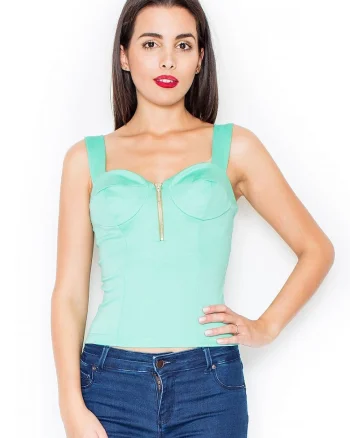 Top dama  corset cu bretele largi, fermoar scurt, verde, elastan si poliester