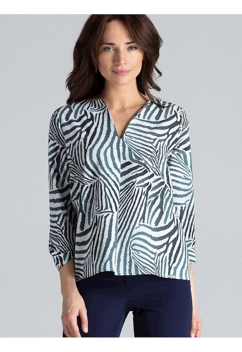 Bluza dama  multicolor, maneci lungi, decolteu in V, pliuri contrastante