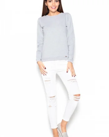 Bluza dama  gri, bumbac, croiala simpla, fundita decorativa,