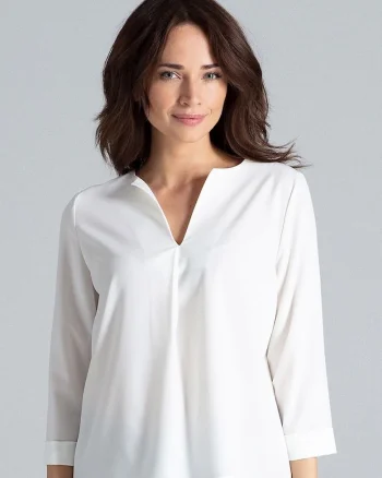 Bluza dama,  simpla, cu decolteu in V, bej, poliester