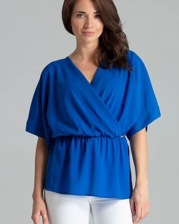 Bluza dama,  simpla, lejera, albastra, maneci kimono, elastan, poliester, viscoza