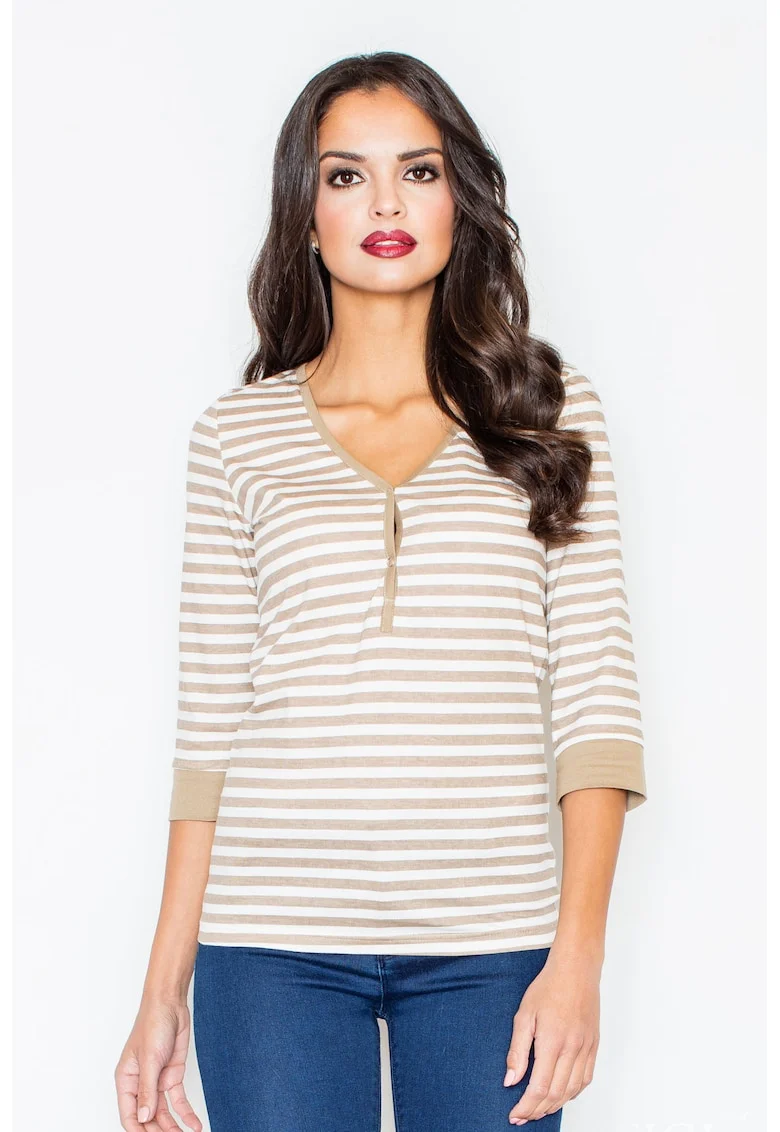 Bluza dama,  Bumbac/Elastan, Bej/Alb,