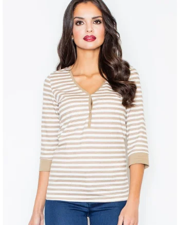 Bluza dama,  Bumbac/Elastan, Bej/Alb,