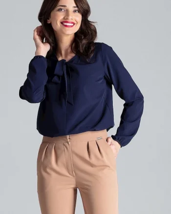 Bluza dama,  bleumarin, maneci lungi, nod decorativ, poliester,
