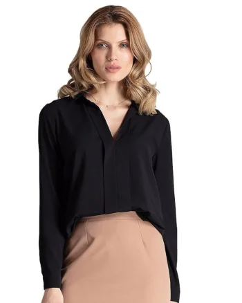 Bluza eleganta  M621, negru, guler decorativ, poliester/viscoza, maneci lungi