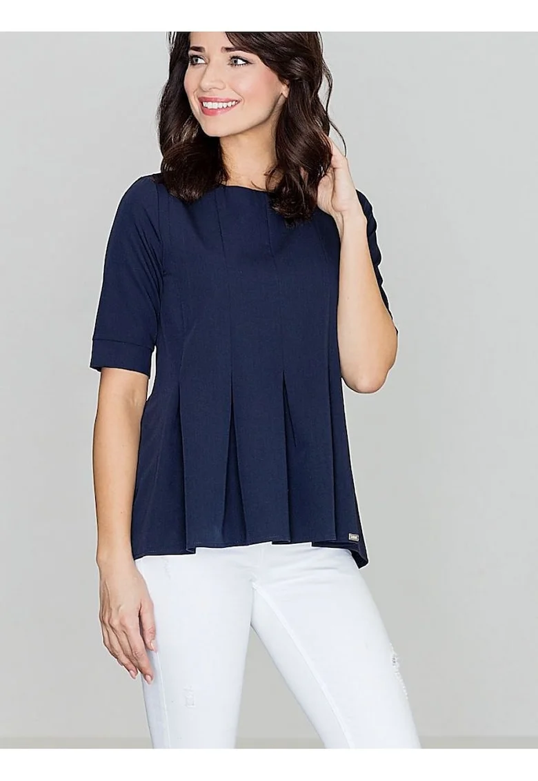 Bluza dama,  bleumarin, maneci scurte, decolteu rotund, poliester 65%, viscoza 35%