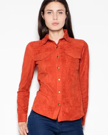 Camasa dama,  lunga, piele intoarsa, rosie, poliester,