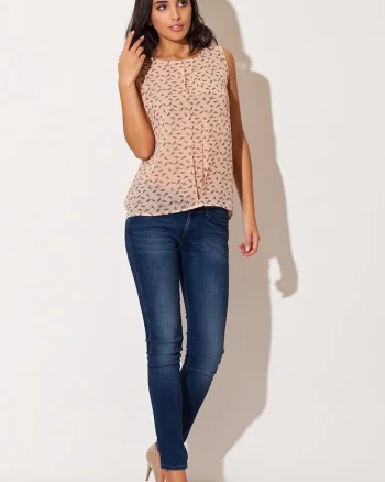 Bluza dama  sifon, decolteu rotund, roz, transparenta cu pasari
