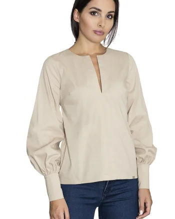 Bluza eleganta de dama  M561, cu maneci bufante, bej, bumbac si poliester,