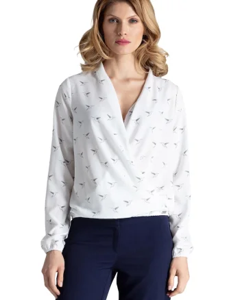 Bluza eleganta  M371, imprimeu cu pasari, alb, poliester