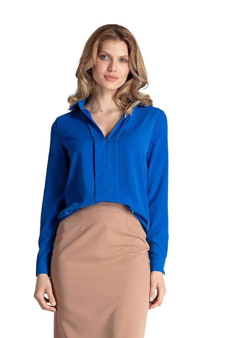 Bluza eleganta  M621, albastru safir, maneca lunga, poliester/elastan