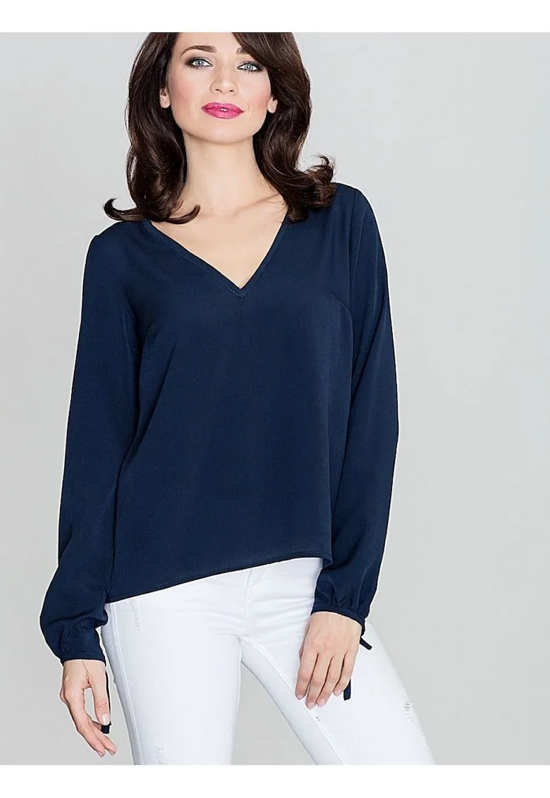 Bluza dama  bleumarin, maneci lungi innodate, decolteu mic, cravata spate, poliester